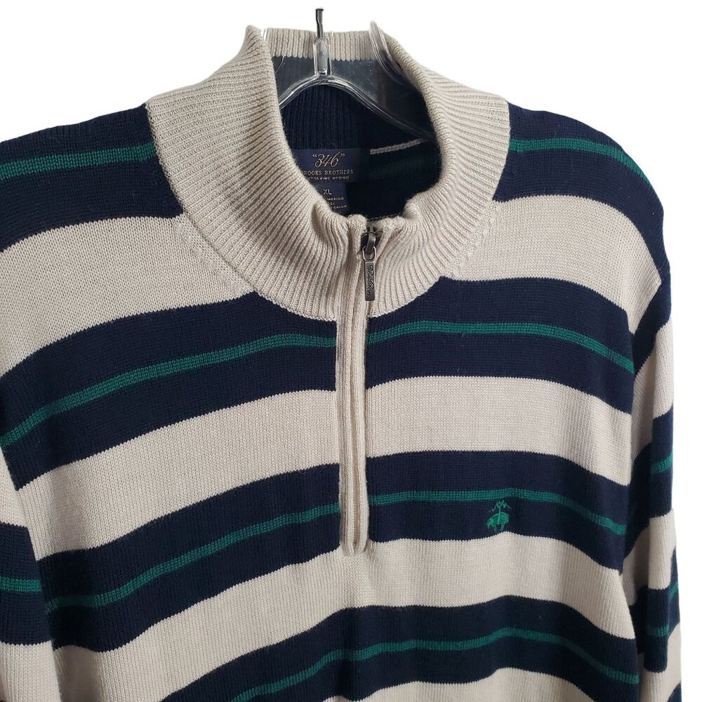 Brooks Brothers 346 Mens Size XL Sweater Merino Wool Striped Half-Zip Beige Navy - Picture 6 of 10